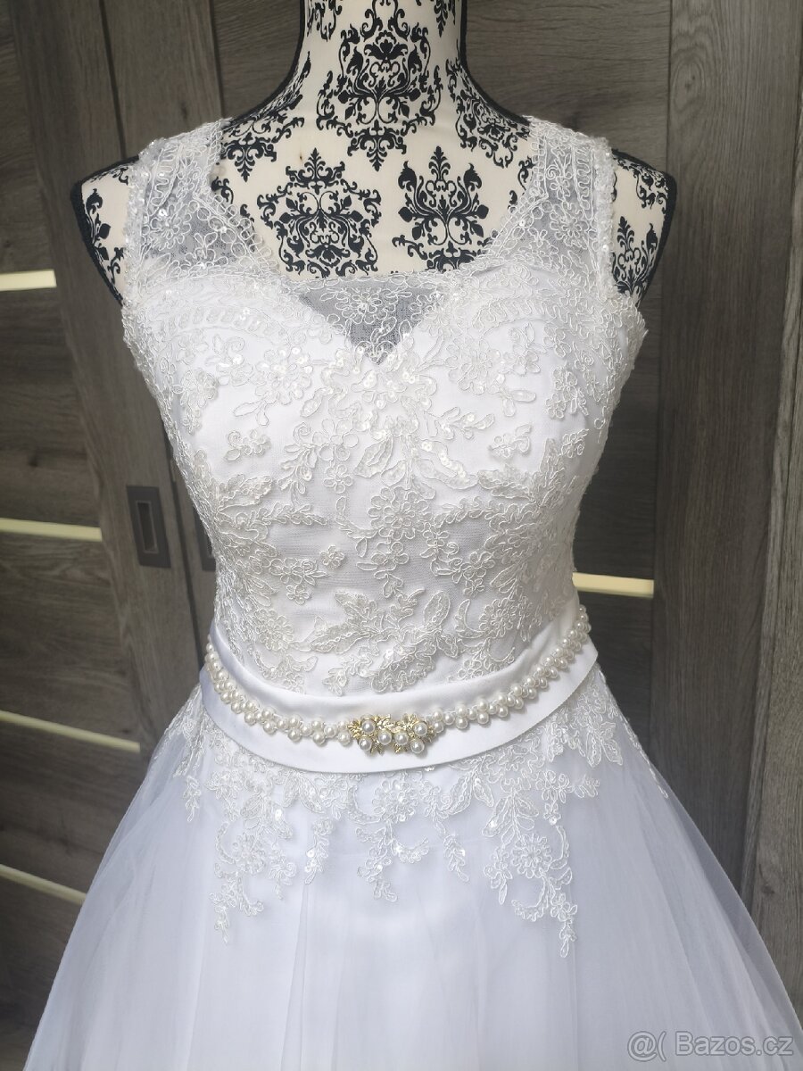 Krajkovo-tylové svatební šaty 36/38/40 - 12