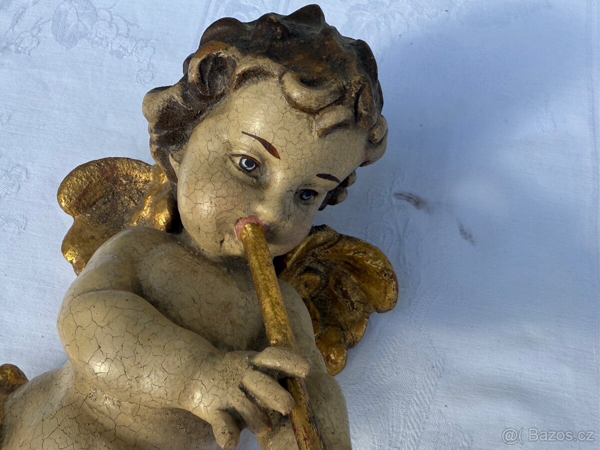 Dřevěná XXL socha anděla v páru polychromie 31cm - 12