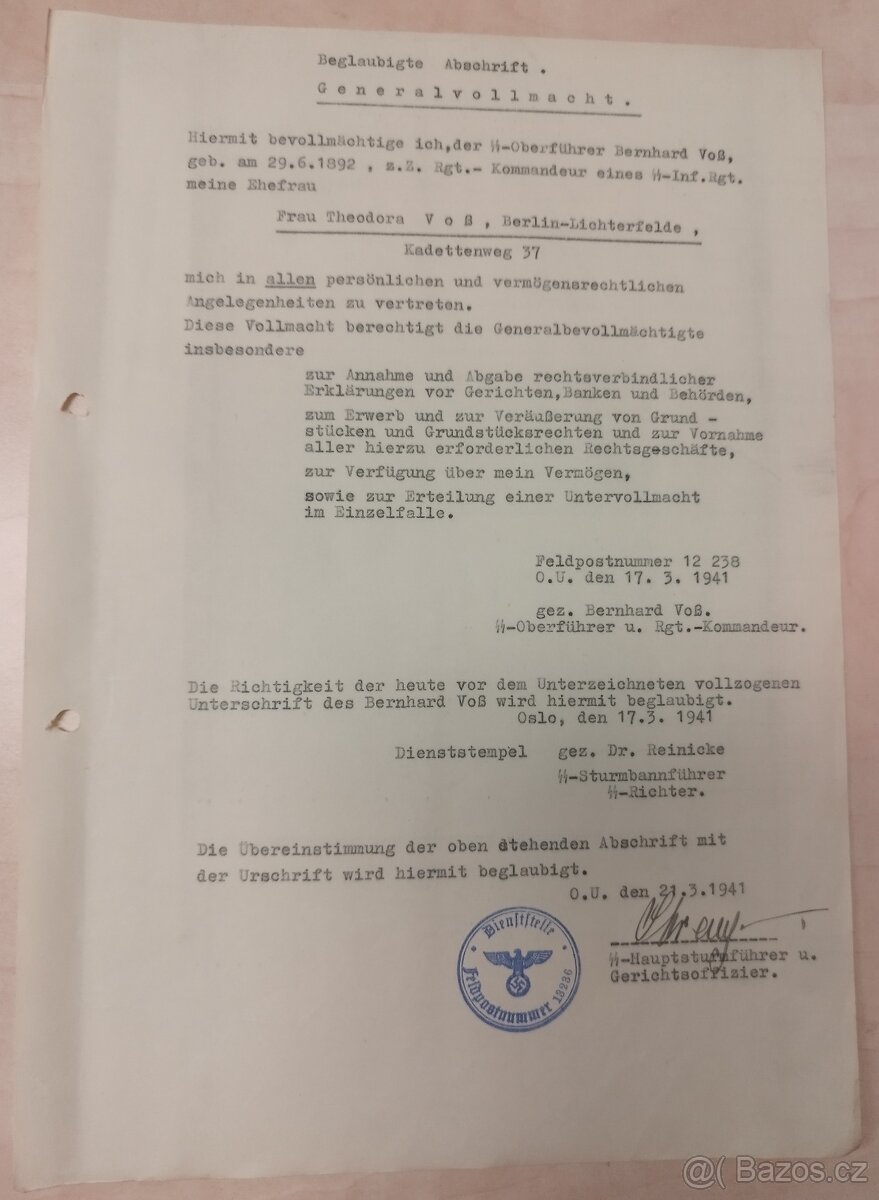 DOKUMENTY PO GENERÁL SS BERNHARD VOSS 1 - 12