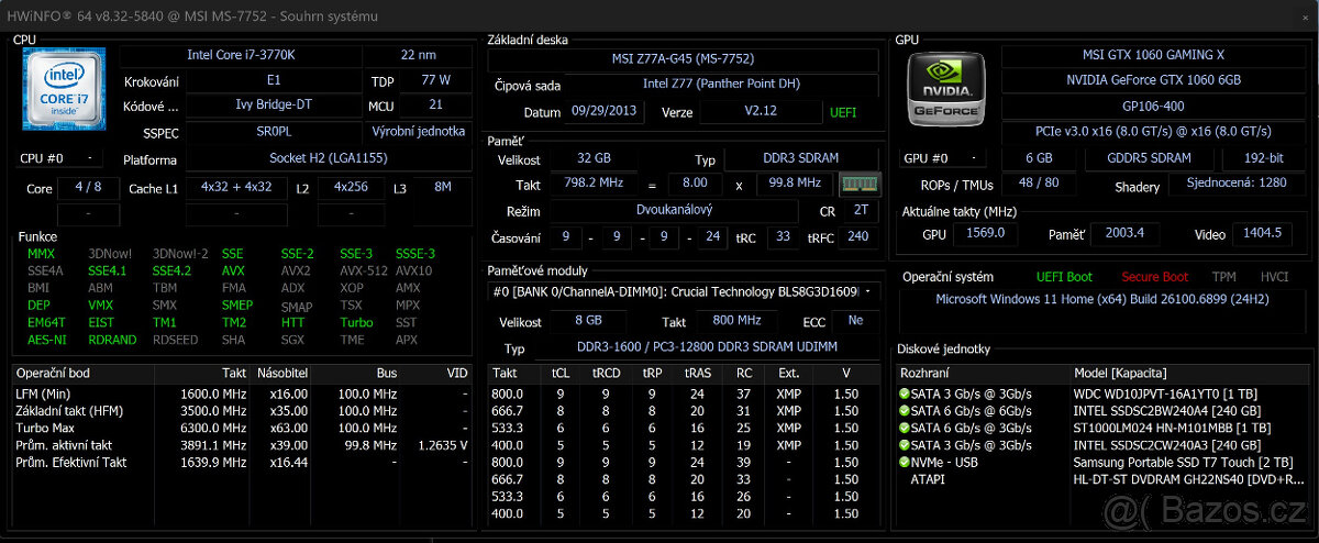 pocitac i7-3770K, 32 GB DDR3, GTX-1060 6 GB, 2xSSD 2xHDD - 12