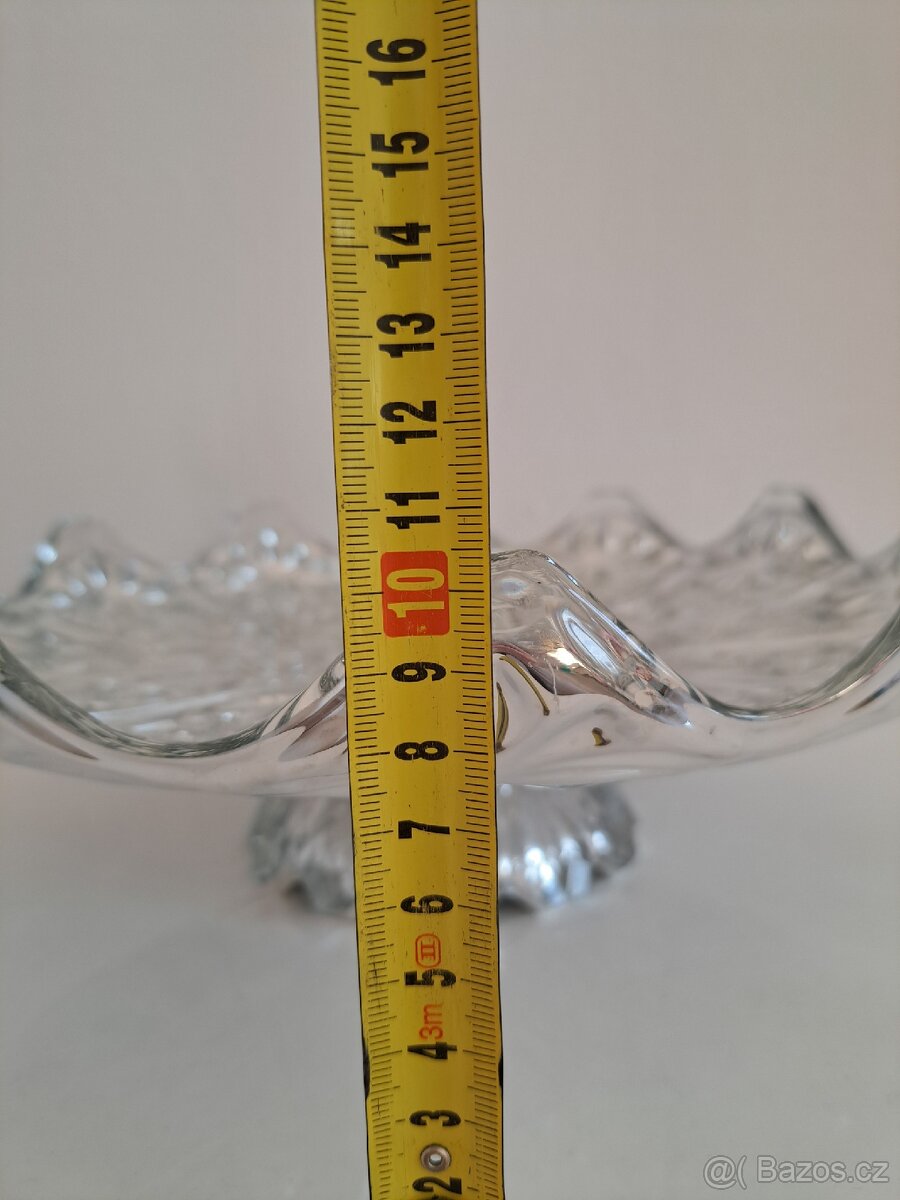 Skleněná, stříbrná retro mísa na nožce – lisované sklo - 12