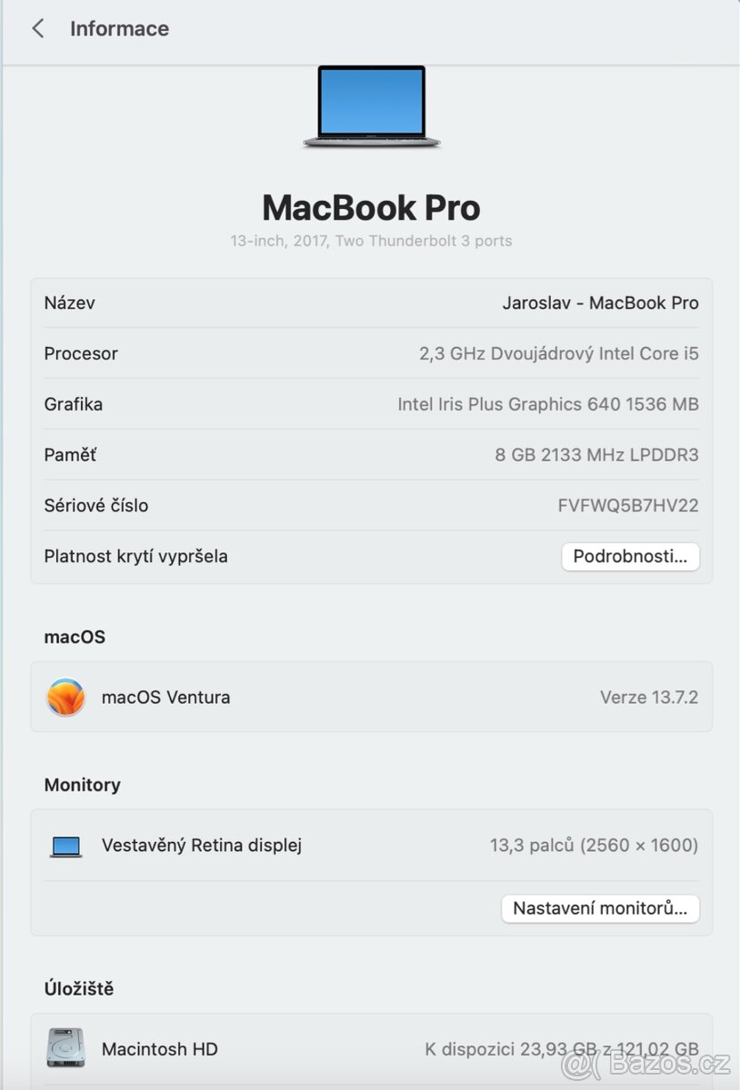Prodám Apple MacBook Pro 13,3" 256GB (2017) i5, 8GB RAM - 12