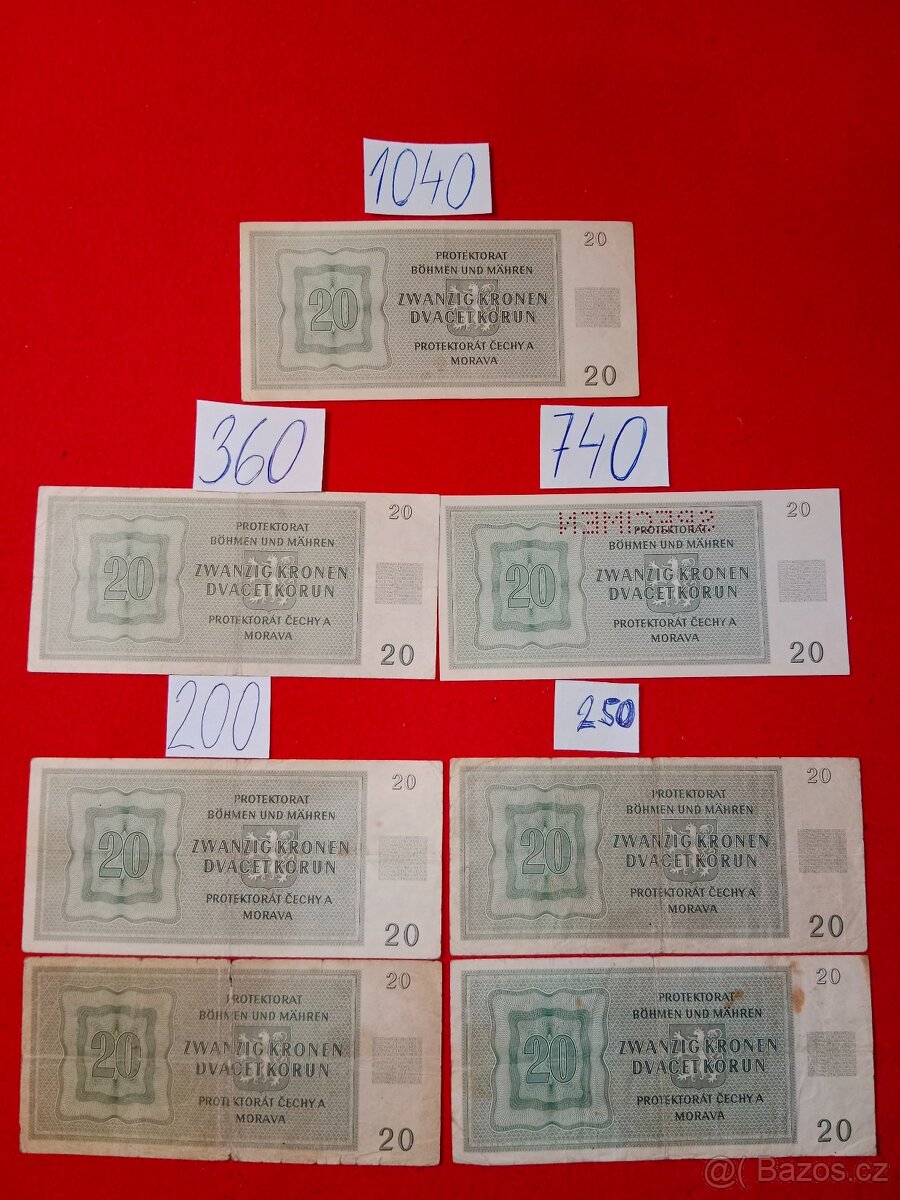 Protektorát Čechy a Morava první část cena za kus u bankovek - 12