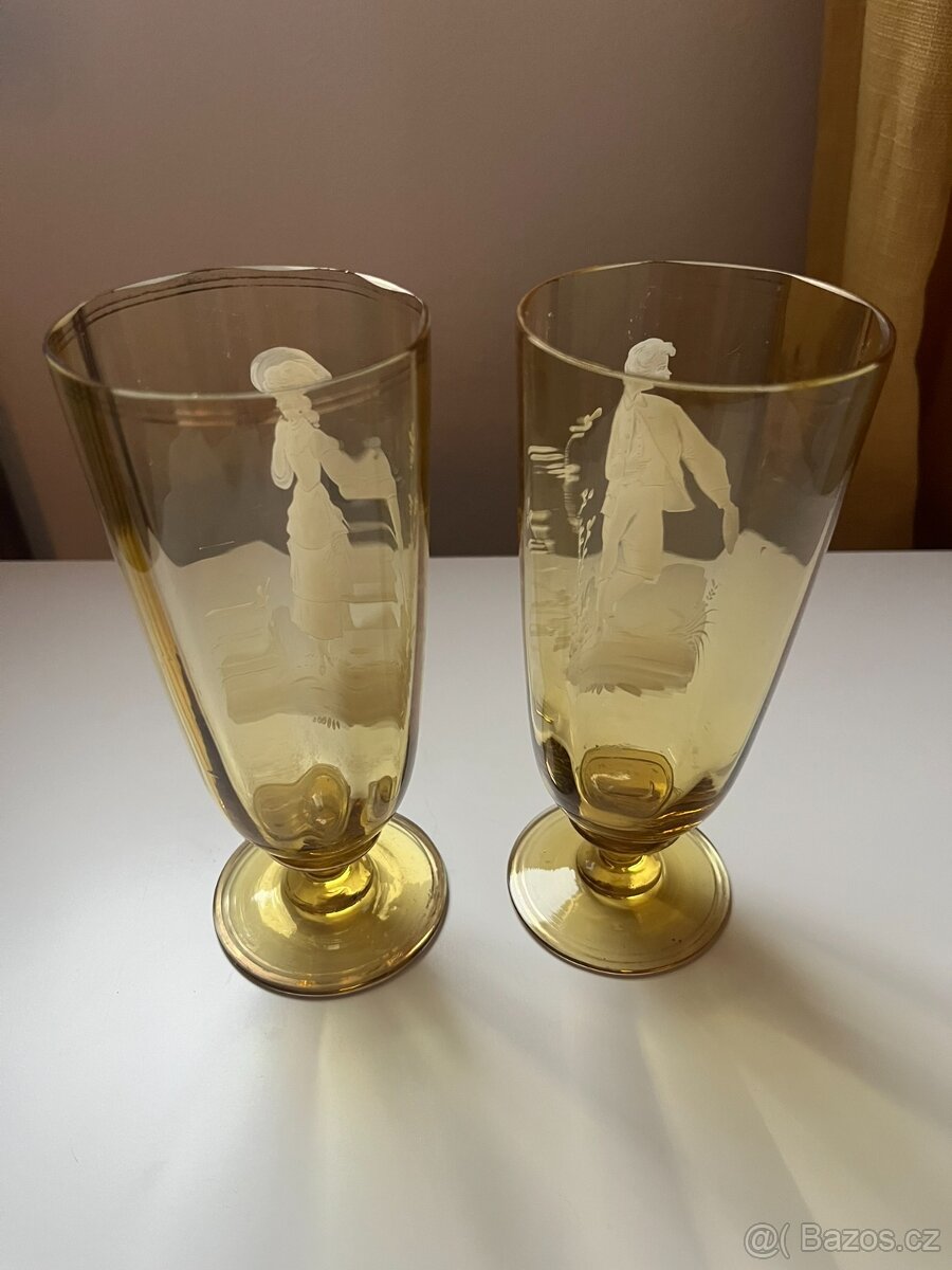 Mary Gregory - žluté starožitné poháry, ručně malované - 12