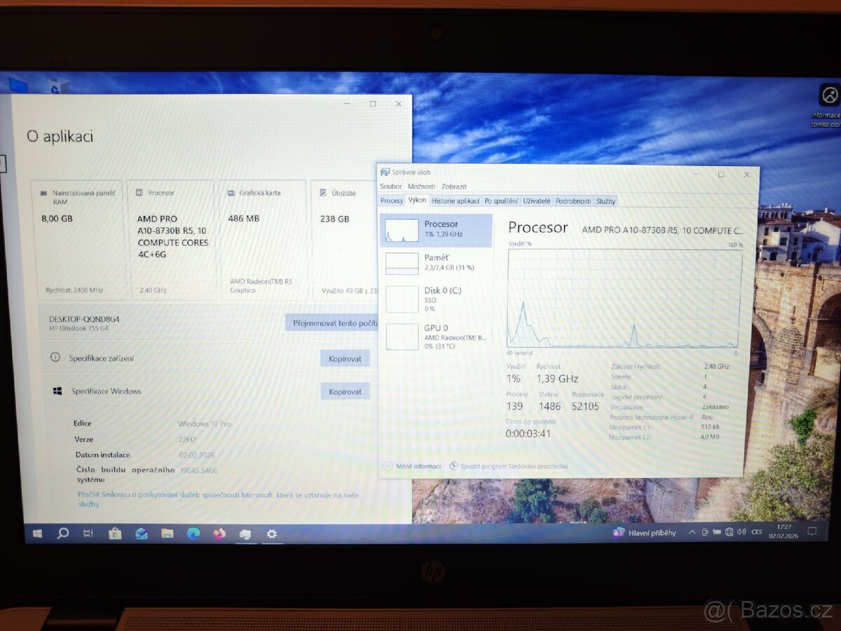 Notebook HP EliteBook 755 G4, AMD 4jadra,8GB,256GB SSD - 12