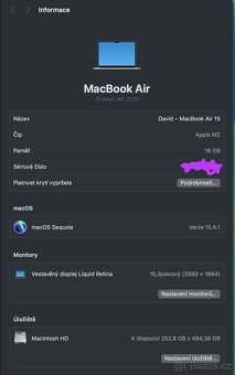 MacBook Air 15 M2 / 16 GB RAM/ 512 GB SSD - TOP STAV - 12