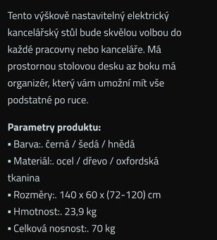 NOVÝ ELEKTRICKÝ VÝŠKOVĚ NASTAVITELNÝ PC STŮL - 4x paměť výšk - 12