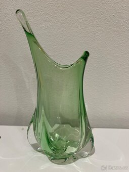 Hutní sklo - zelená váza, popelník a košíček - 12