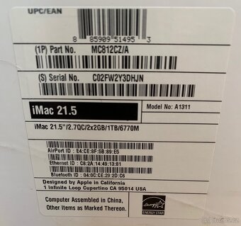 Apple iMAC 21.5 Model A1311. Funkční, bez HDD - 12