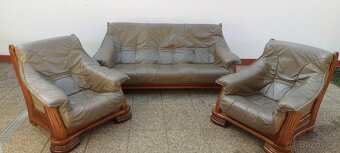 Rustikální sedací souprava, gauč+ 2 křesla, kůže, masív - 12