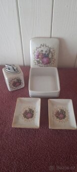 LUXUSNÍ VINTAGE PORCELÁNOVÝ SET ZAPALOVAČ KRABIČKA A 2 POPEL - 12