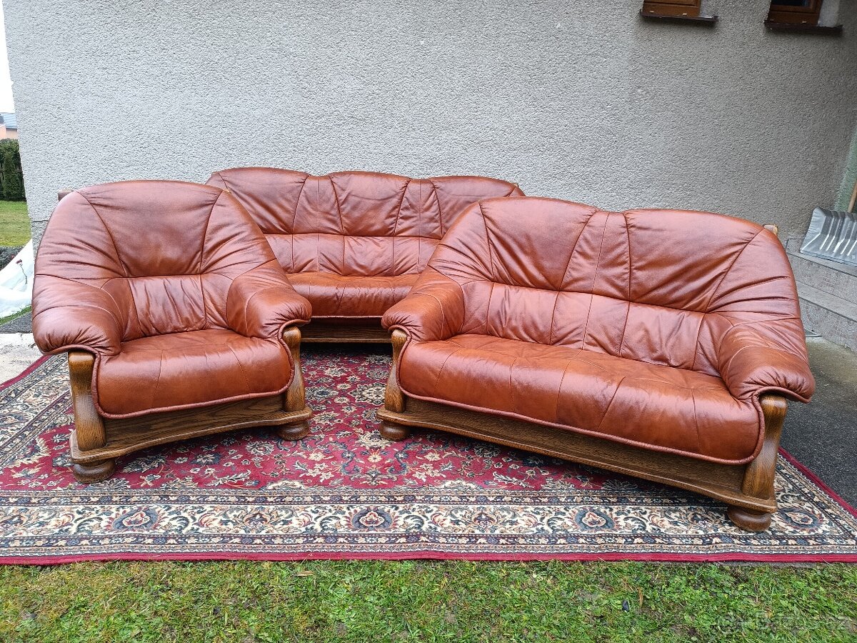 XXL Rustikální kožená sedací souprava 3 - 2 - 1, stolek - 13