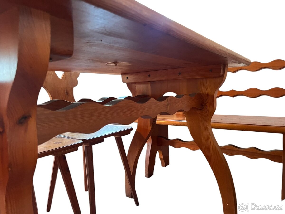 Starožitný chalupářský stůl, lavice, židle - 13