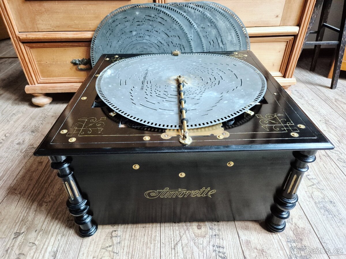 Velký starožitný hrací stroj, flašinet na kliku Amorette - 13