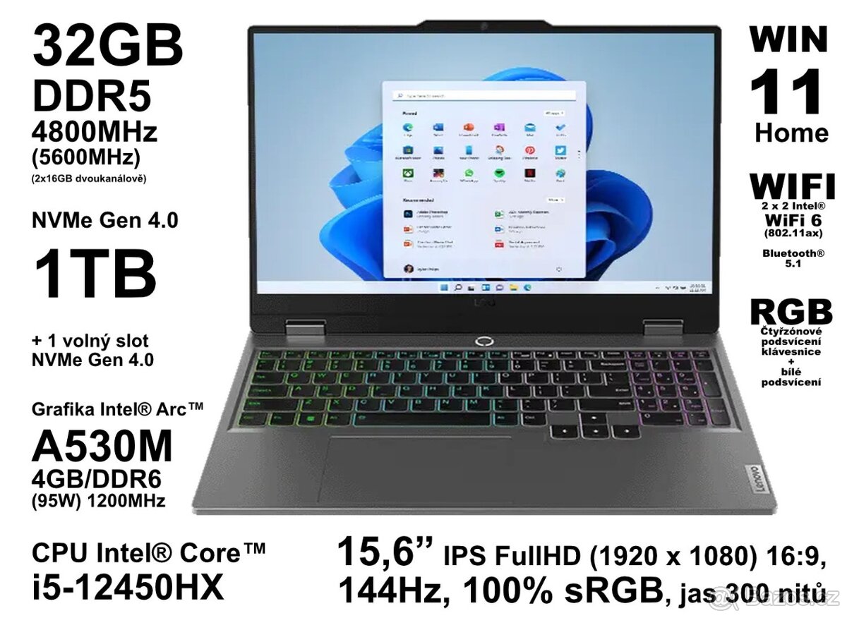 Herní notebook LOQ 32GB DDR5, i5-12450HX IntArc4GB - 13
