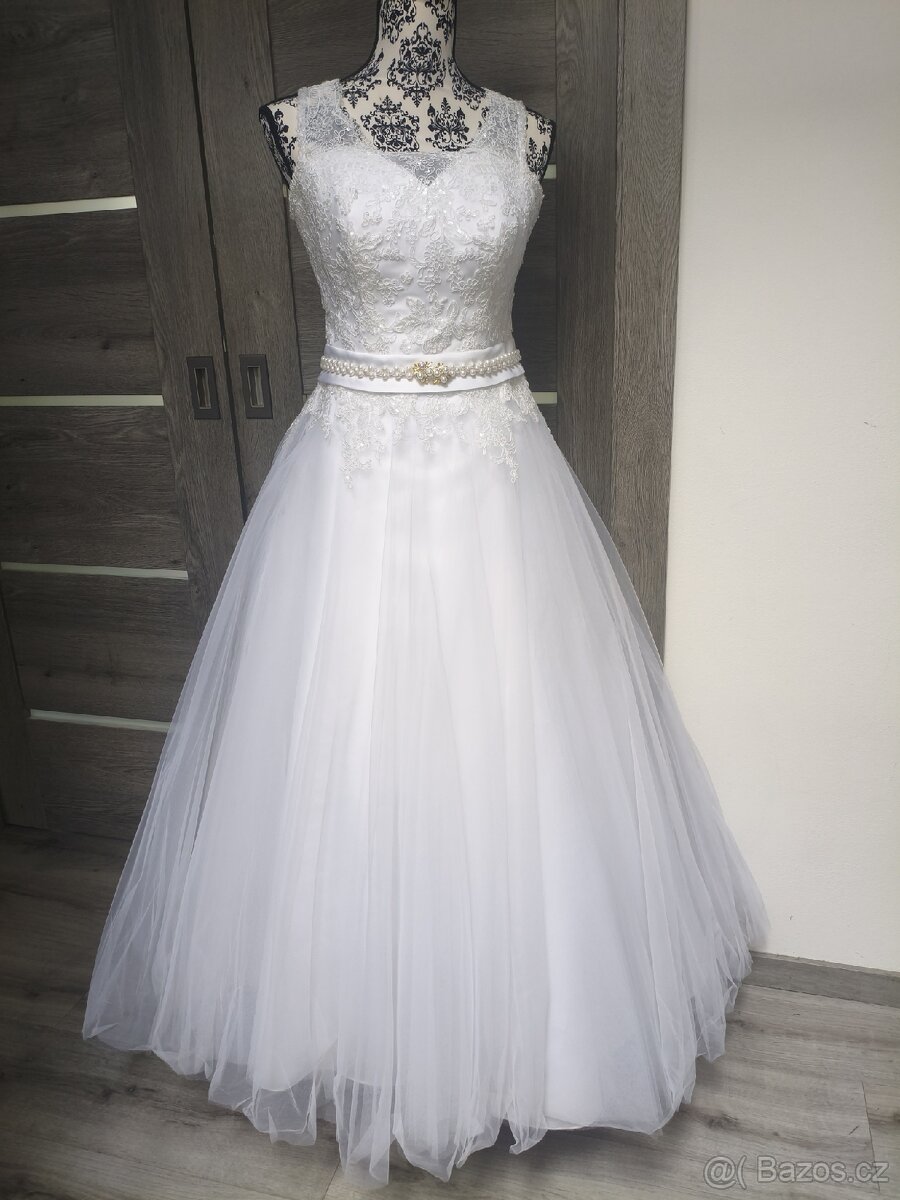 Krajkovo-tylové svatební šaty 36/38/40 - 13