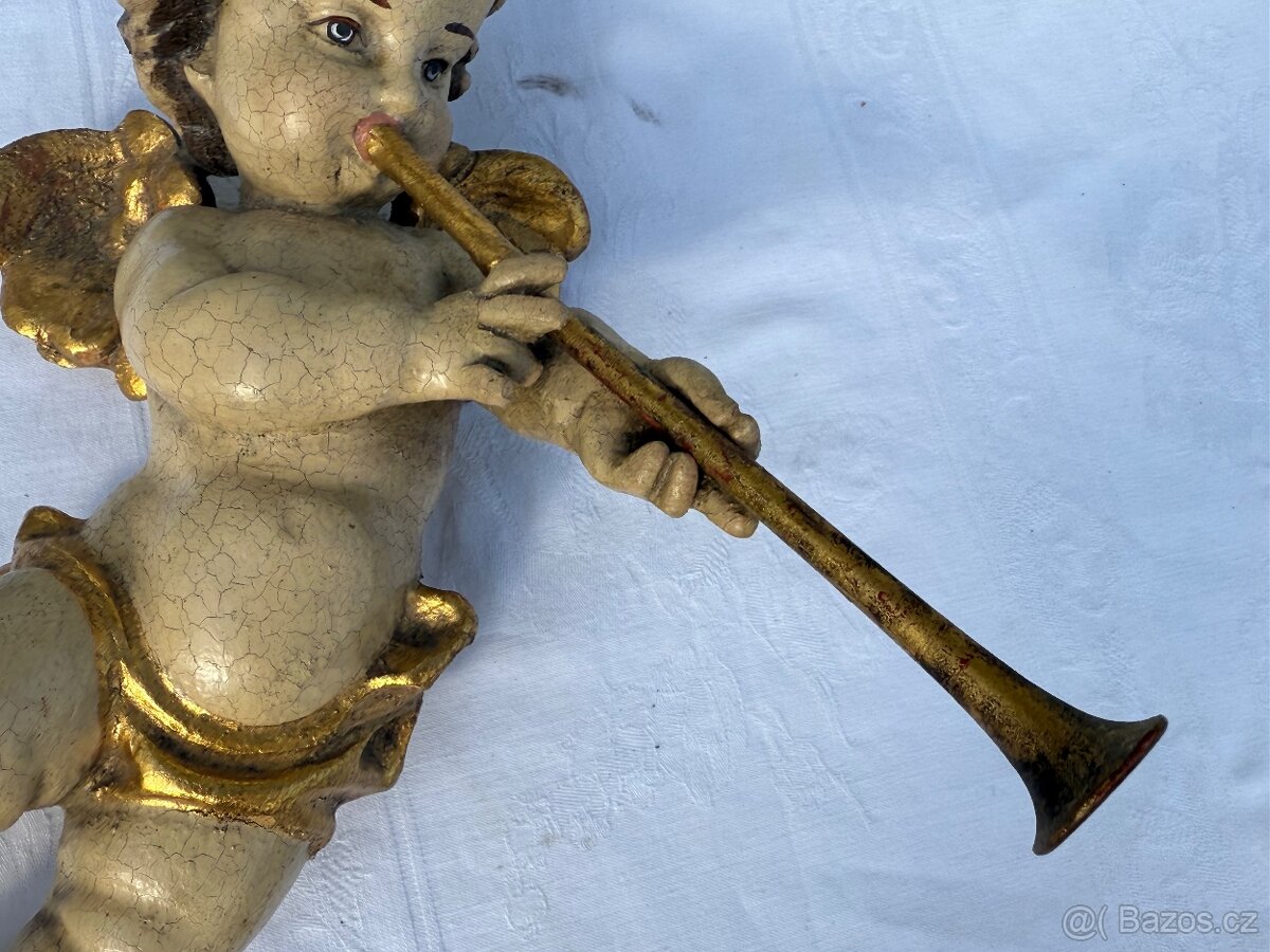 Dřevěná XXL socha anděla v páru polychromie 31cm - 13