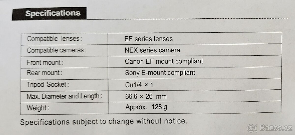 Redukce / adaptér EF-NEX / Canon EF(EF-S) - Sony E-mount - 13