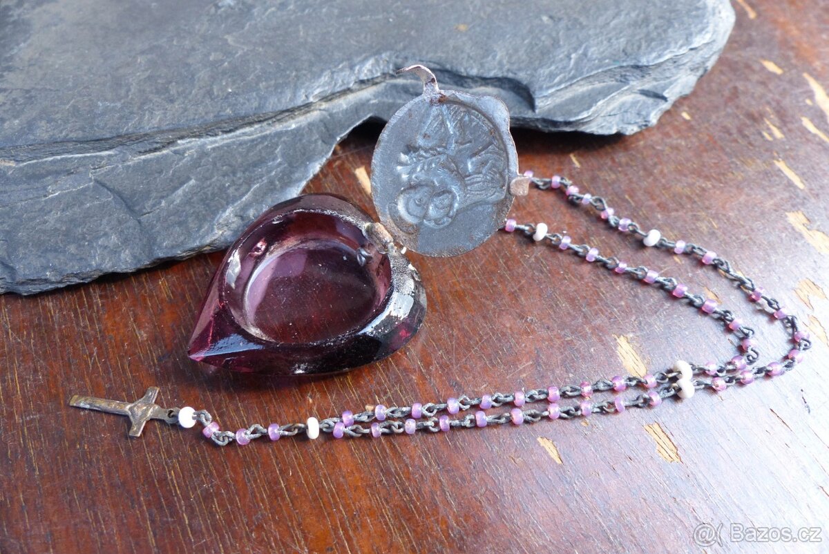 Starožitné škapulíře, sklo a kov, růženec - 13