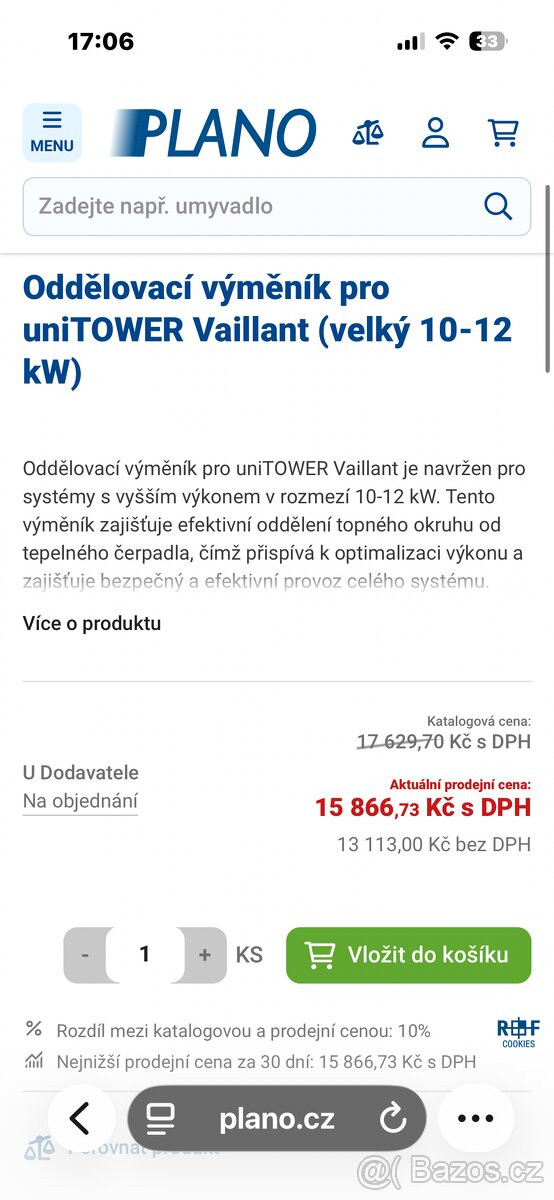 Vaillant oddělovací výměník pro Unitower velký 10-12kw - 13