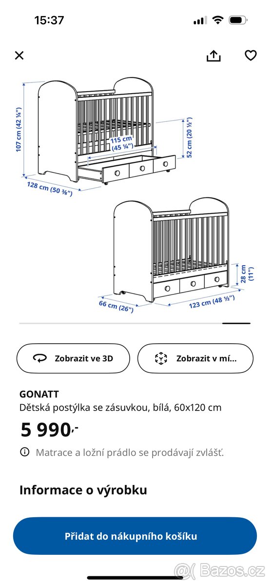 Postýlka GONATT včetně matrace a zábrany - 13