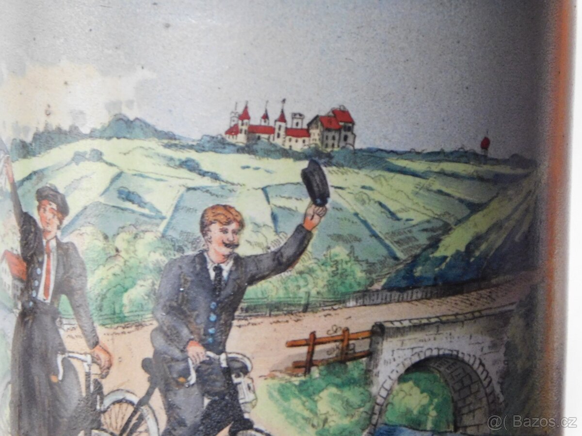 Starožitný historický cyklistický kameninový korbel - bier s - 13