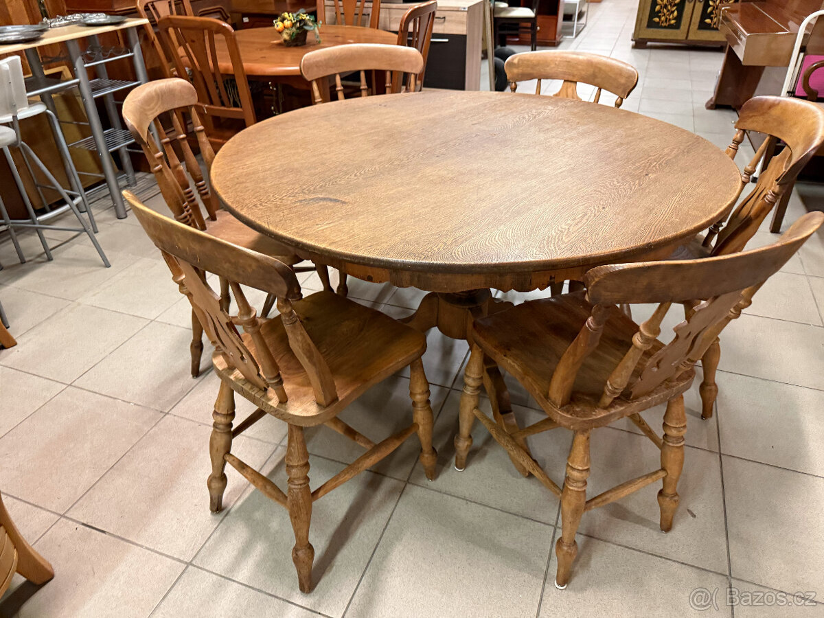dvakrát historický set dubového stolu a šesti židlí - 13