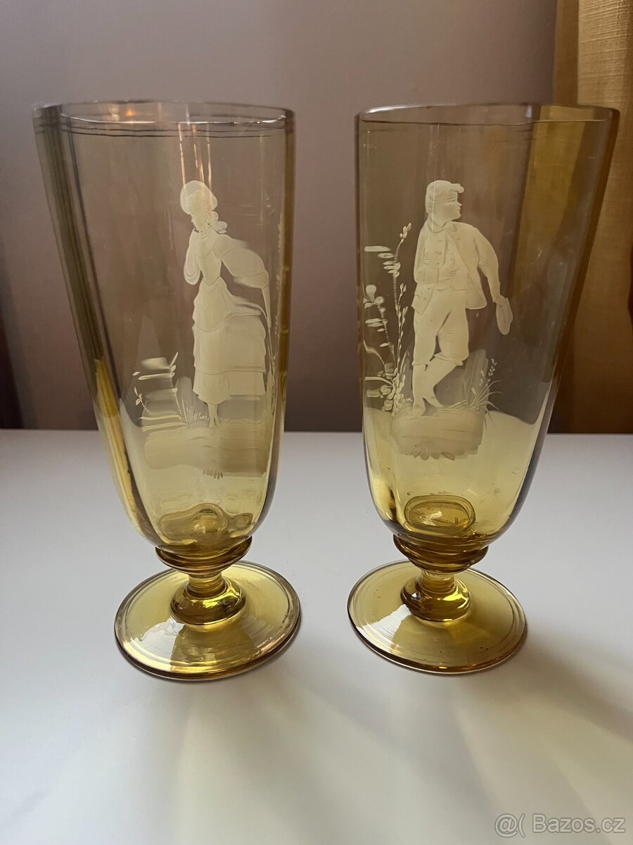 Mary Gregory - žluté starožitné poháry, ručně malované - 13