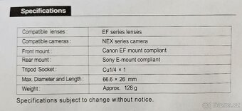 Redukce / adaptér EF-NEX / Canon EF(EF-S) - Sony E-mount - 13