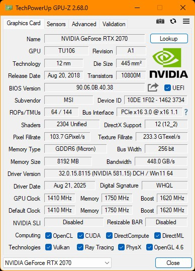 RTX 2070 8GB MSI ARMOR - 14