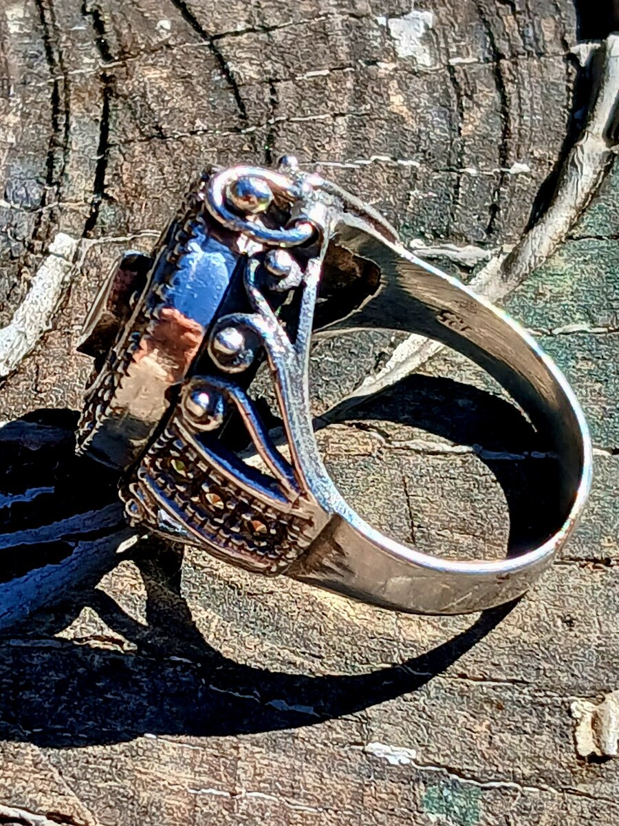 Stříbrný jedový prsten starožitný - 14