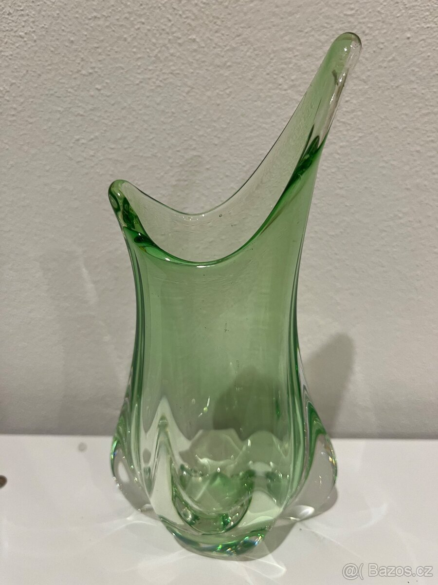 Hutní sklo - zelená váza, popelník a košíček - 14
