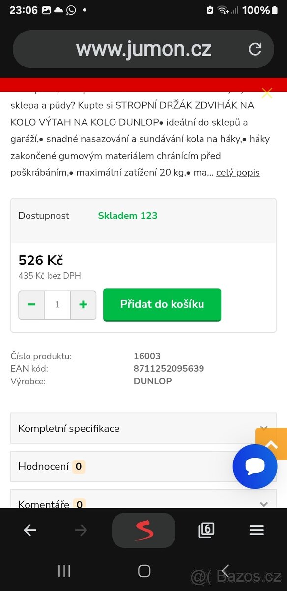 Stropní držák /výtah na kolo dunlop - 14