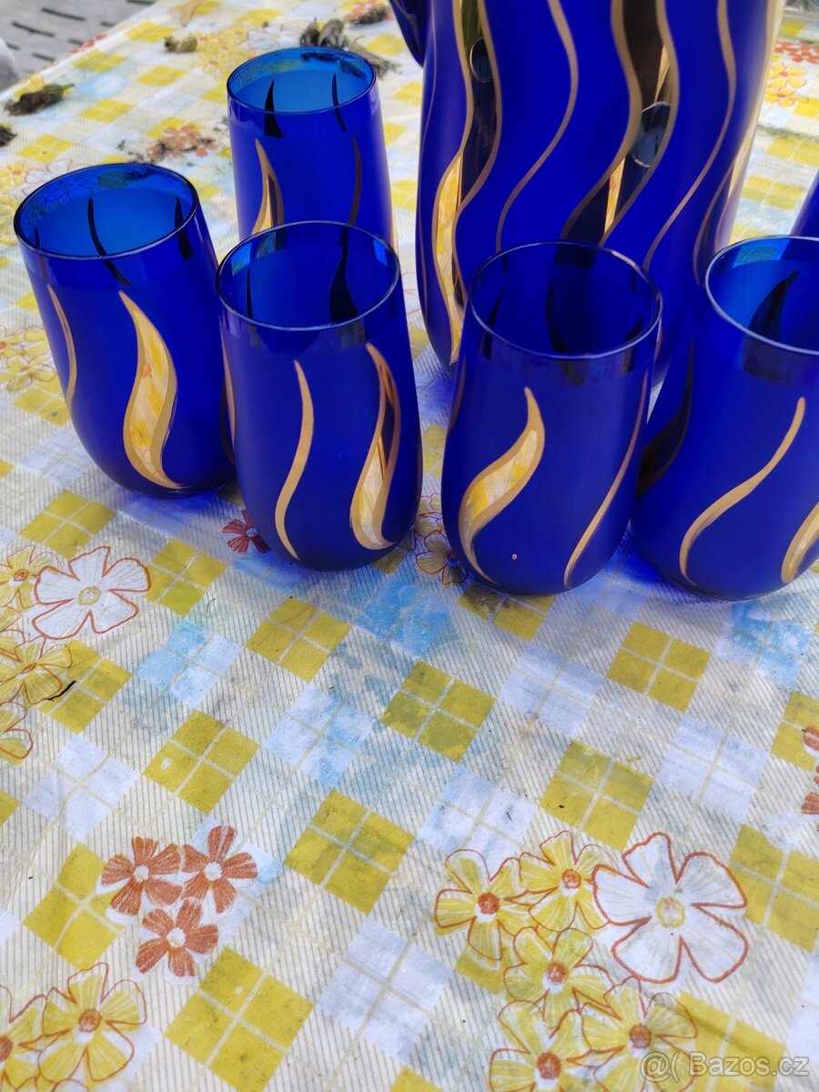 Modrý skleněný džbán a 6 skleniček - 14