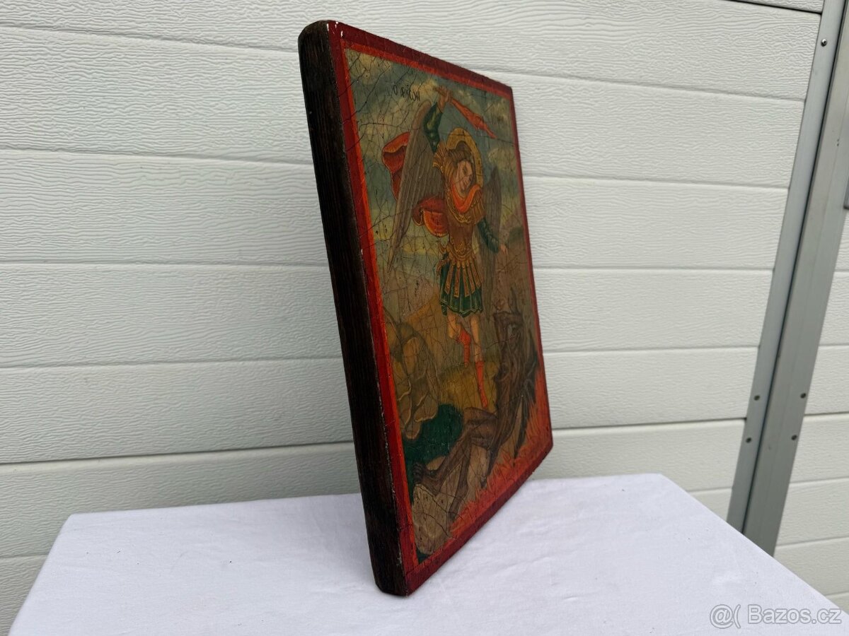 Starožitný XXL malovaný obraz na dřevě Archanděl Michael - 14