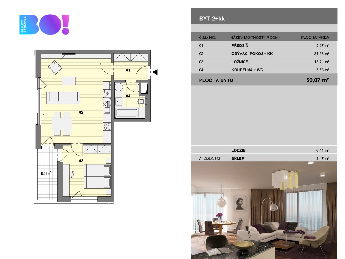 Pronájem kanceláře 2+kk, 59 m² s parkovacím místem a lodžií - 14