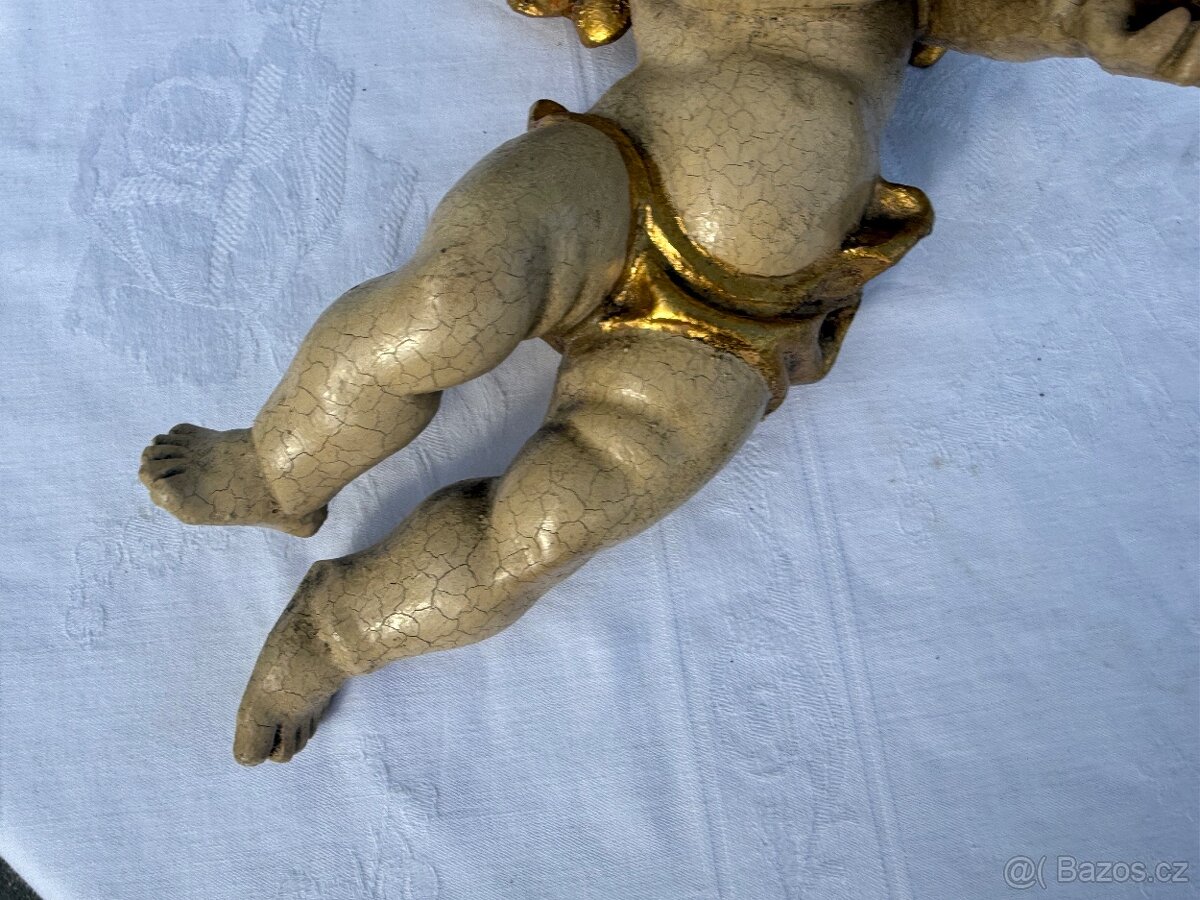 Dřevěná XXL socha anděla v páru polychromie 31cm - 14