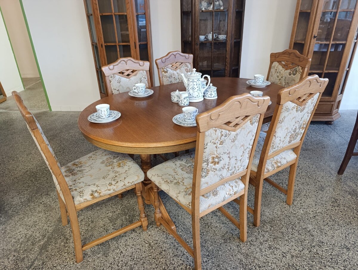 Rustikální jídelní set, rozkládací stůl, 6 židlí, masív - 14