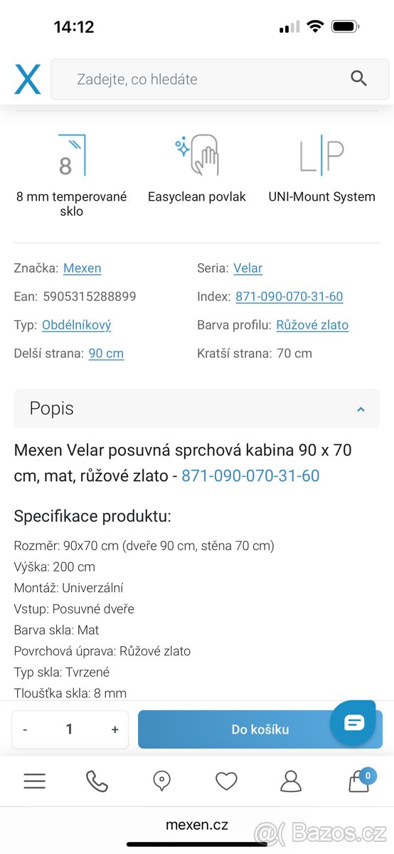 Sprchový kout 90x70 měděný,Nový - 14