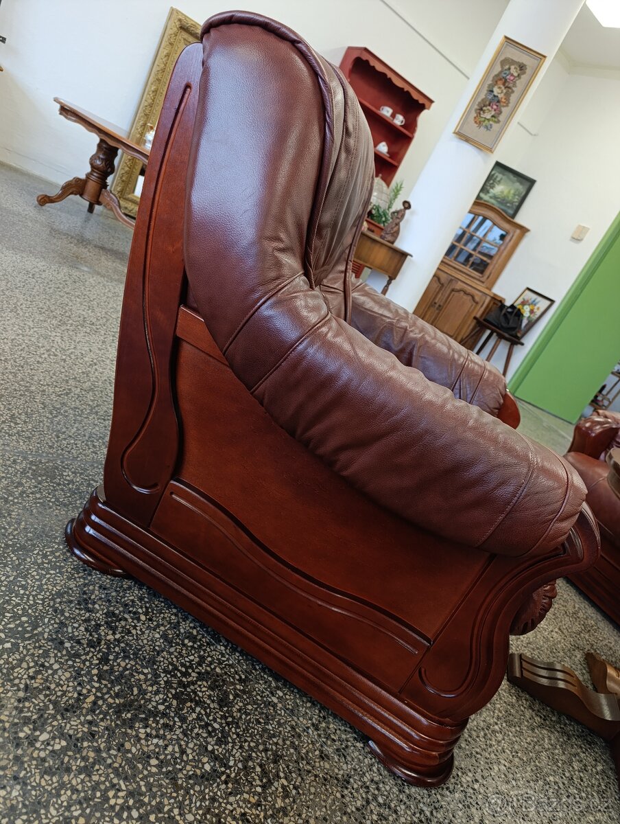 Rozkládací kožená sedací souprava, nábytek z masívu - 14