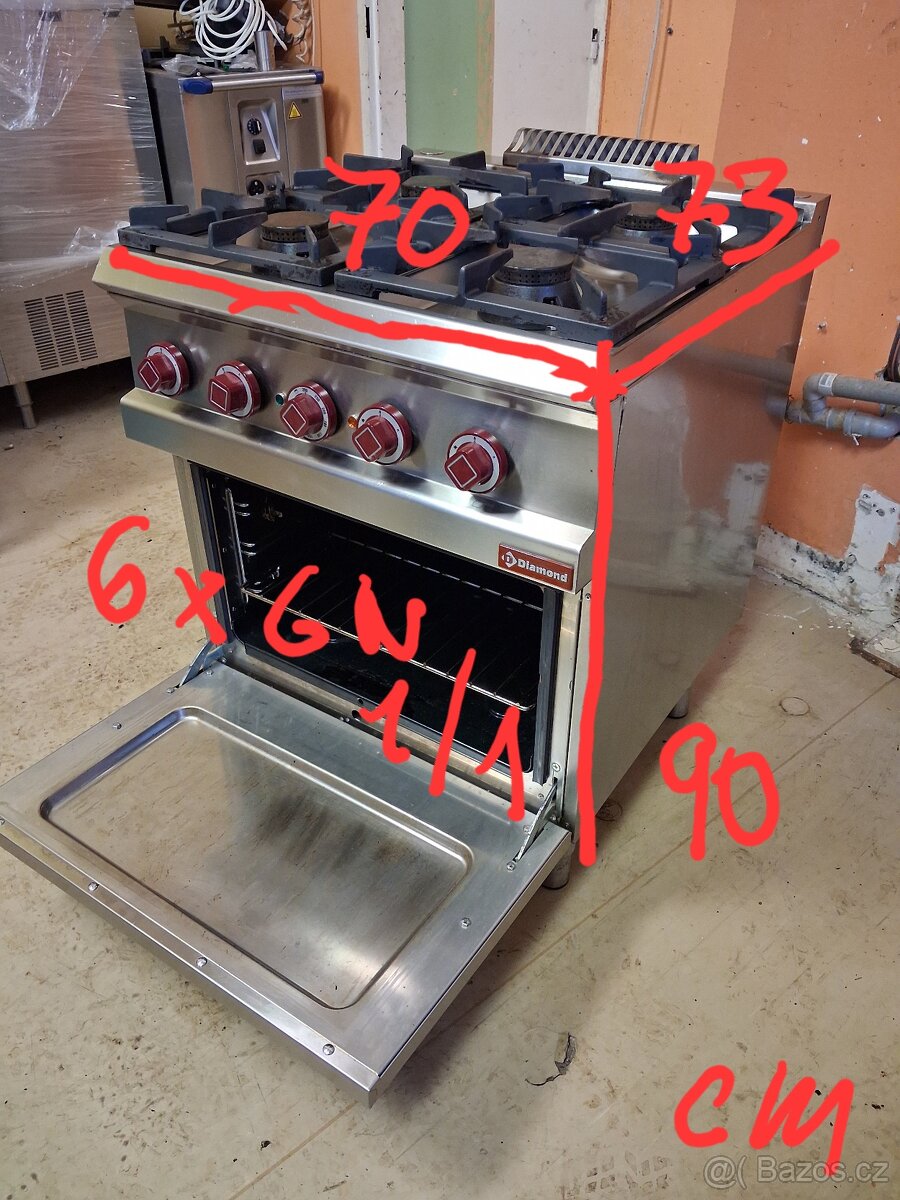 Gastro sporák Diamond, 4x plyn. hořák, elektrická pec 6x GN - 14