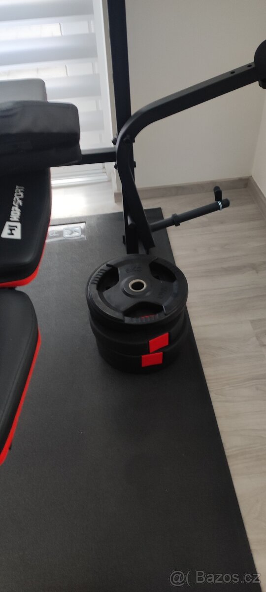 Domácí posilovna - lavice, 2x sada závaží, osa, trenažér aj - 14