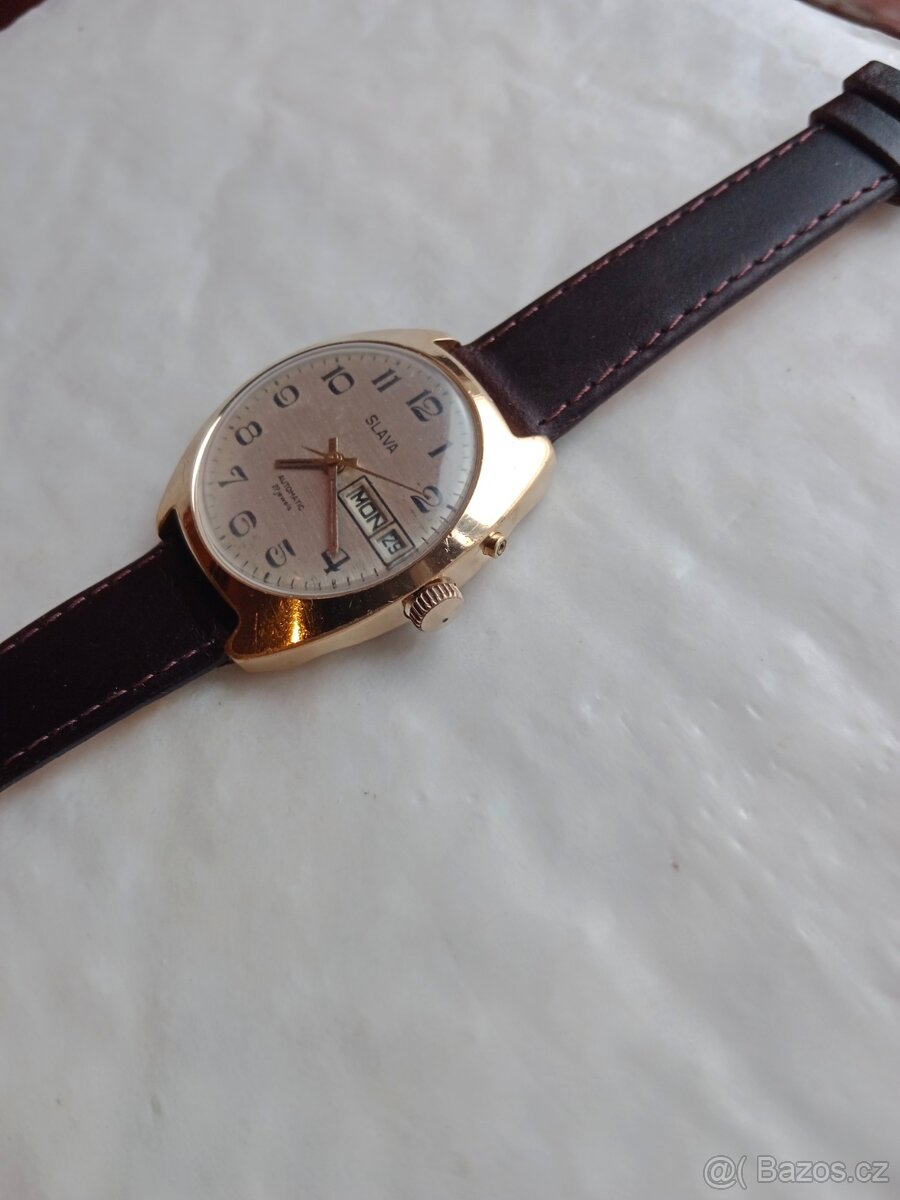 Staré funkční pozlacené hodinky Slava automati - 14