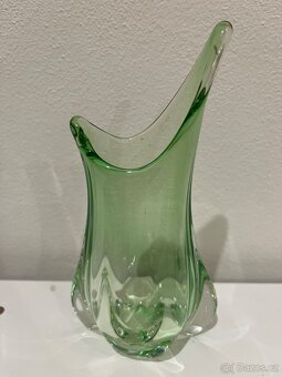 Hutní sklo - zelená váza, popelník a košíček - 14