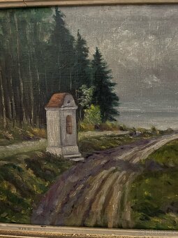 Starý obraz-olej na plátně"KAPLIČKA U LESA" - 14