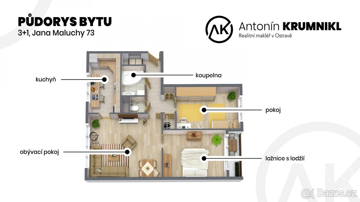 Pronájem bytu 3+1 s lodžií, ul. Jana Maluchy 73 - 15
