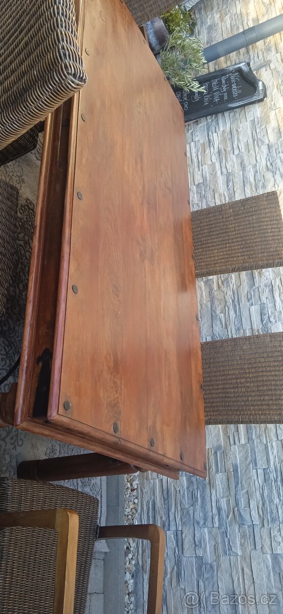 Jídelní masivní dřevěný stůl palisandr+6 ratanových židlí - 15