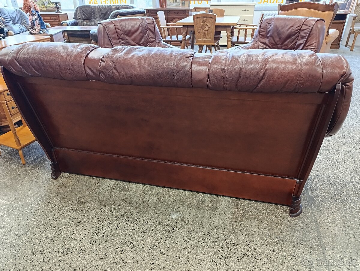 Rozkládací kožená sedací souprava, nábytek z masívu - 15