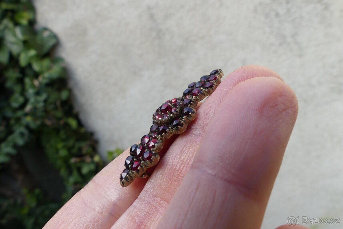 Šperky české granáty, koliér, brože, jehlice, stříbro tombak - 15