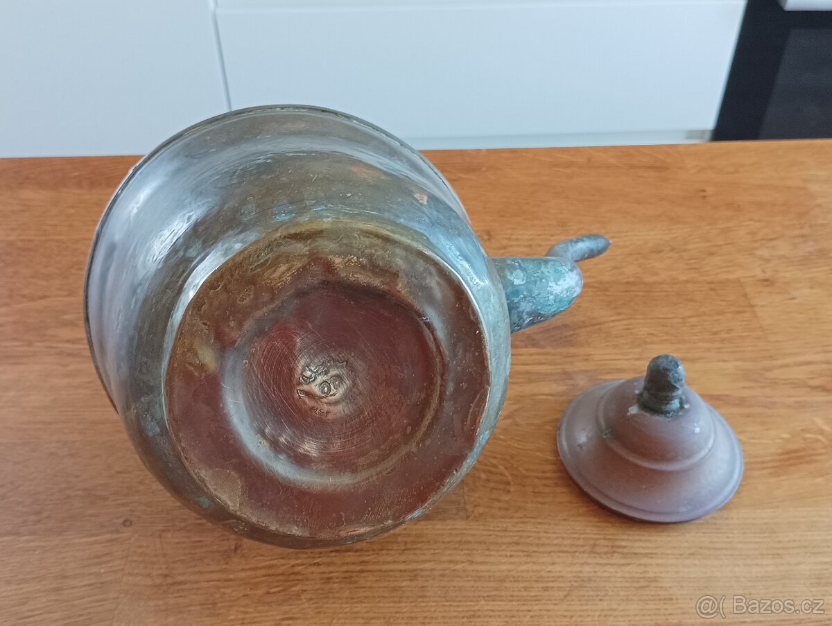 FRANCOUZSKÁ STAROŽITNÁ MOSAZNOMĚDĚNÁ KONVICE RUČNĚ VYROBENÁ - 15